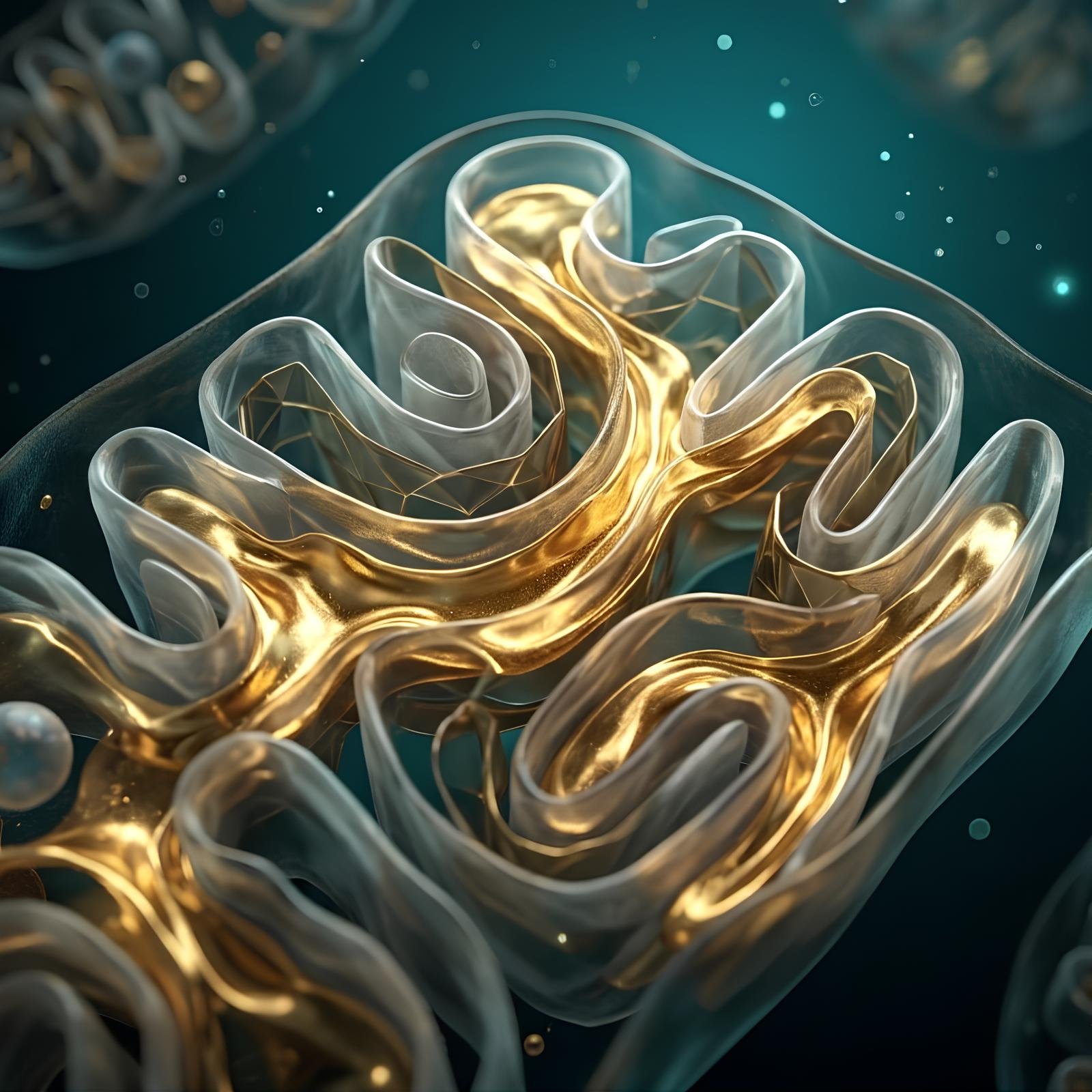 Renderização 3D de uma mitocôndria gerando energia celular dourada, ilustrando a ressurreição bioenergética e a produção máxima de ATP.