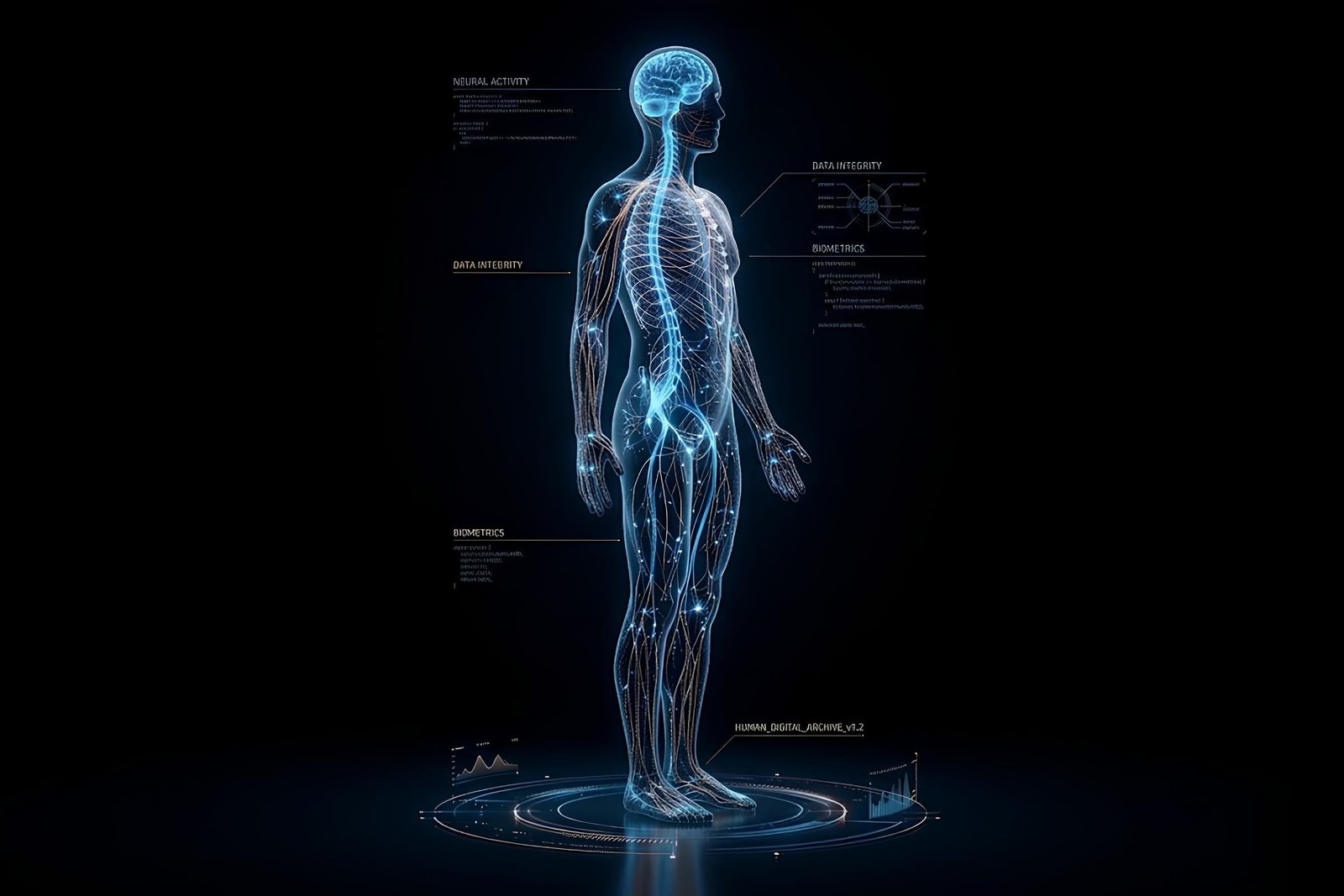 Corpo humano holográfico formado por pontos de dados biológicos e luzes, simbolizando o uso de Gêmeos Digitais e inteligência artificial na medicina preditiva.