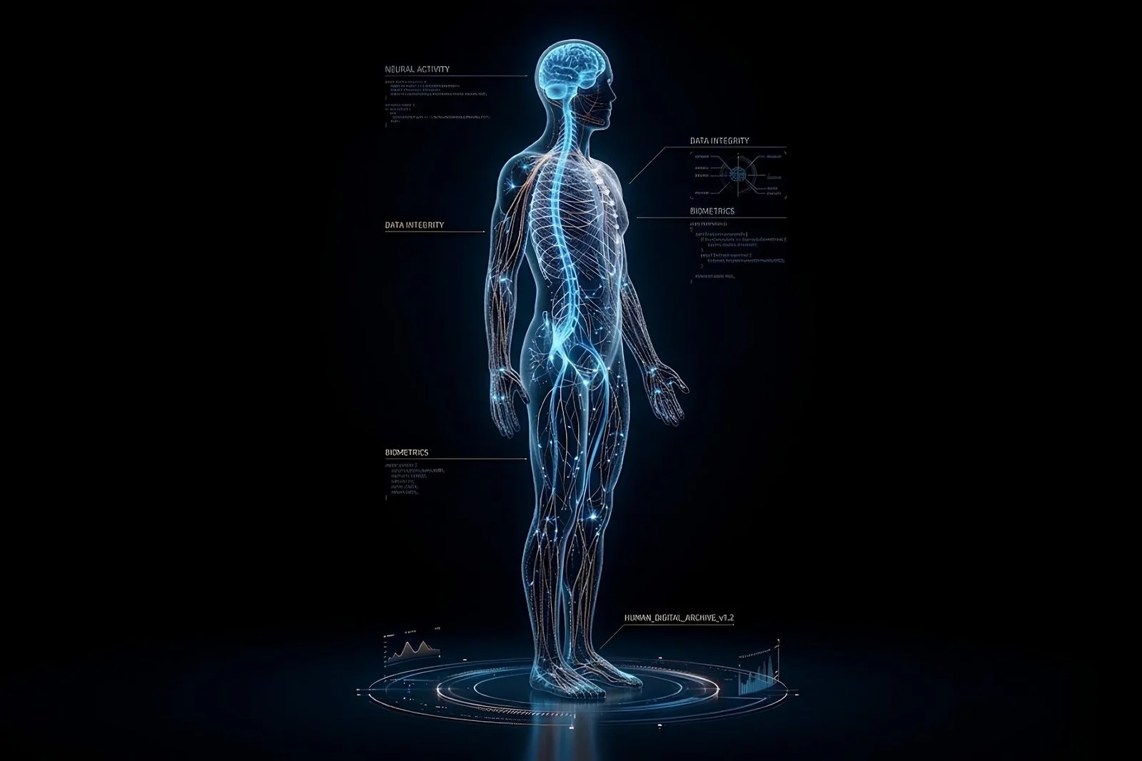 Corpo humano holográfico formado por pontos de dados biológicos e luzes